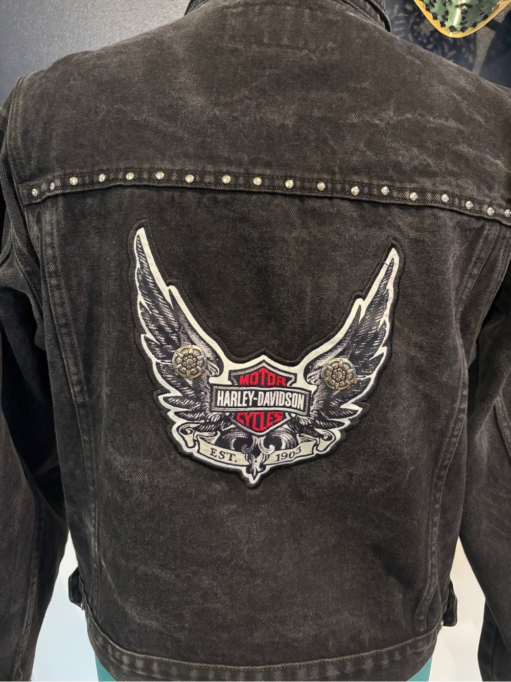 Harley-Davidson Vintage Black Stud Denim Jacket Wing Logo Back Patch Women's XL